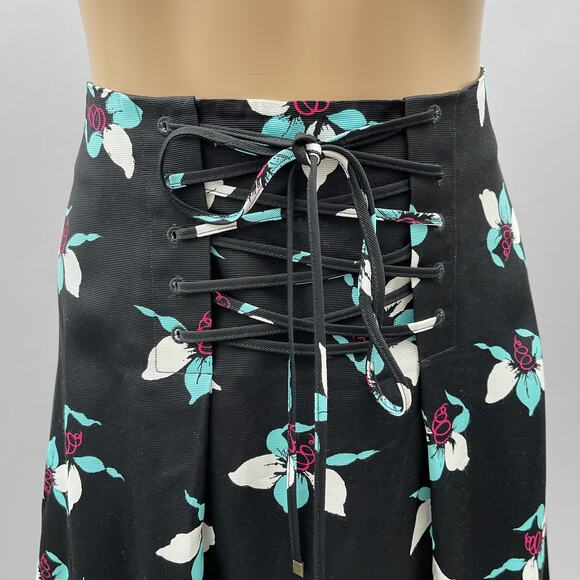 Maeve Anthropologie Skirt Women US 8 Zadie Midi Black Floral Print Lace Up Front - Picture 2 of 11